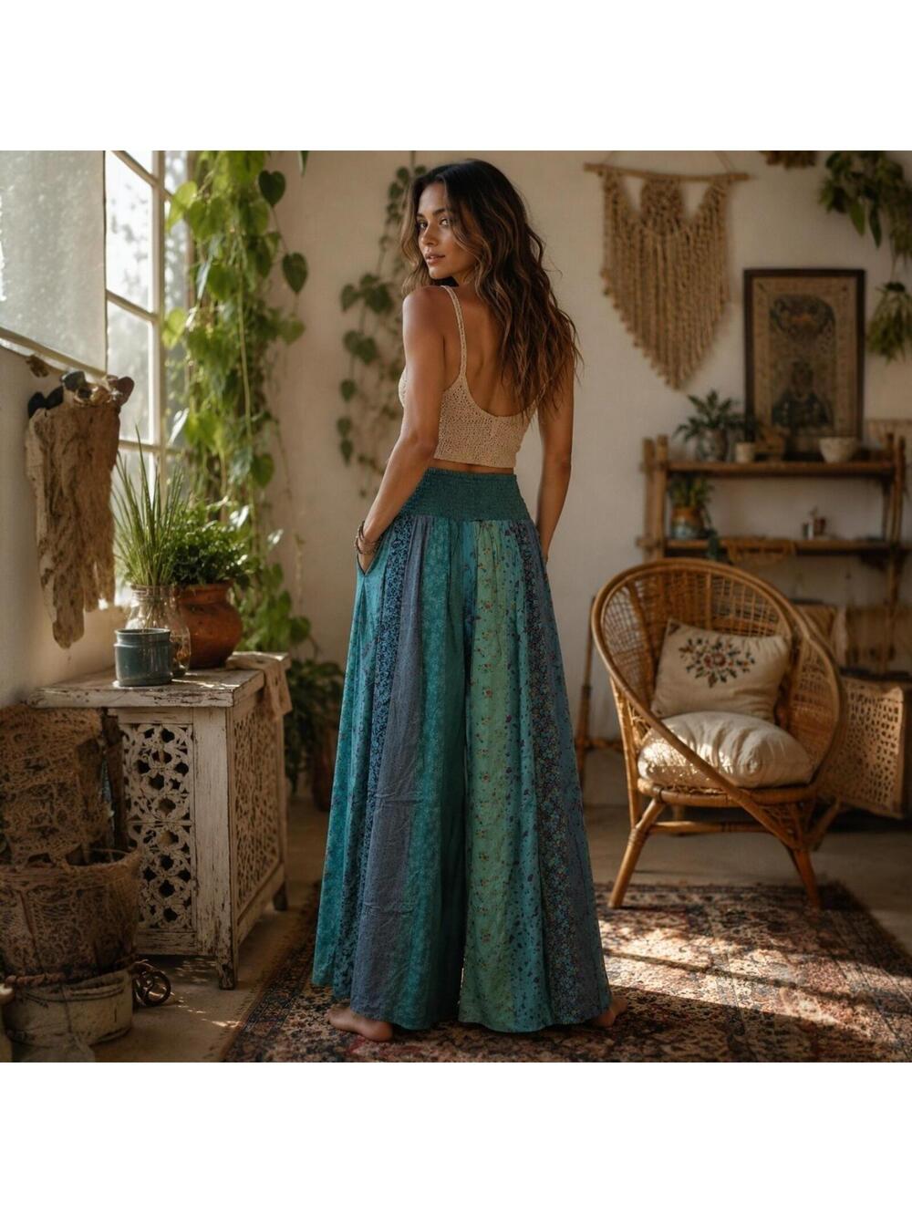 FREE SHIP! NWT Teal Rayon Patchwork Palazzo Pants-Size Small - Picture 2 of 7